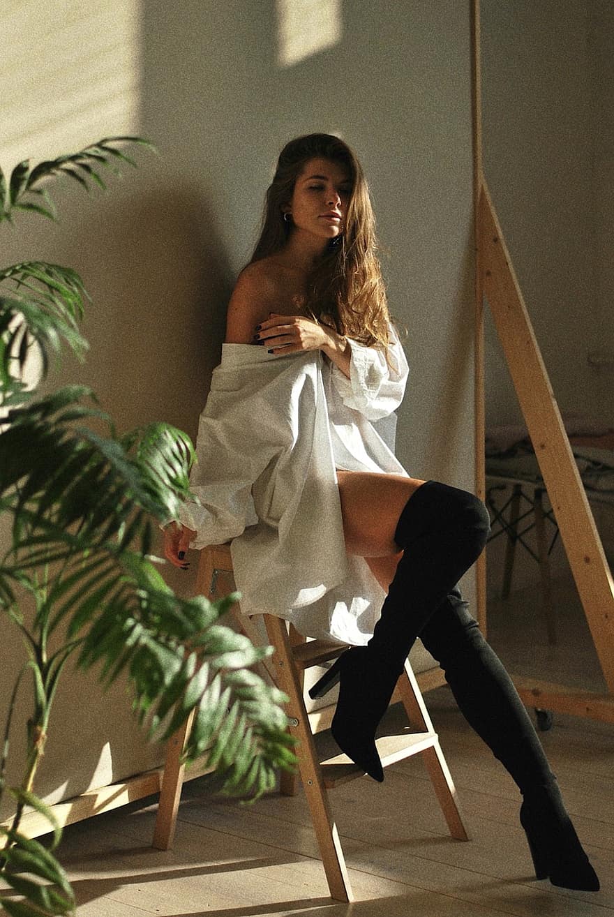 Woman, Model, Shirt, Boots, Ladder, Plants, Room, Interior, Girl