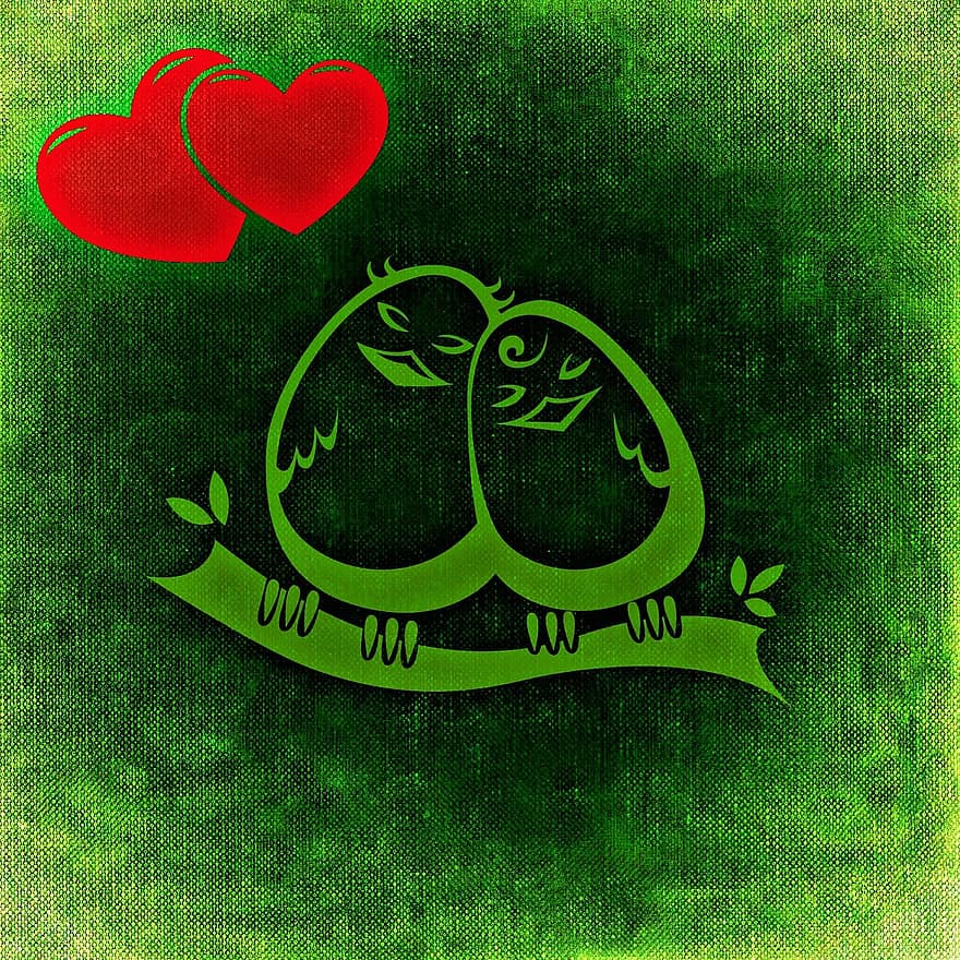 Birds, Abstract, Pair, Lovers, Couple, Sweet, Cute, Funny, Green, Canvas, Fabric