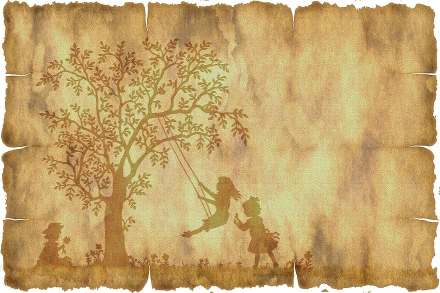 Parchment, Paper, Tree, Children, Play, Swing, Texture, Old, Background, Stationery, Structure