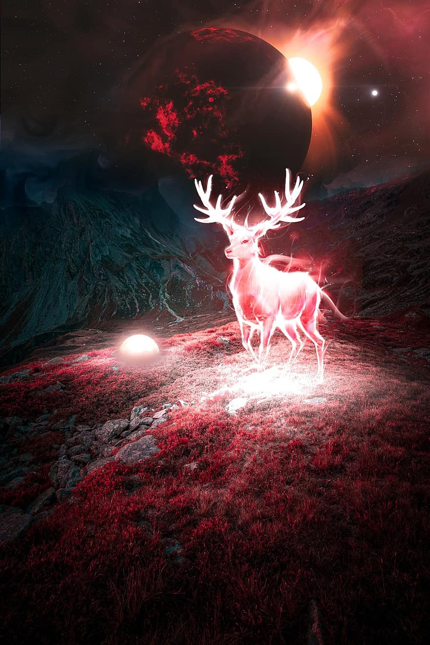 Deer, Animal, Moon, Planet, Cosmos, Fantasy, Photoshop, Red, Field, Light, Glow