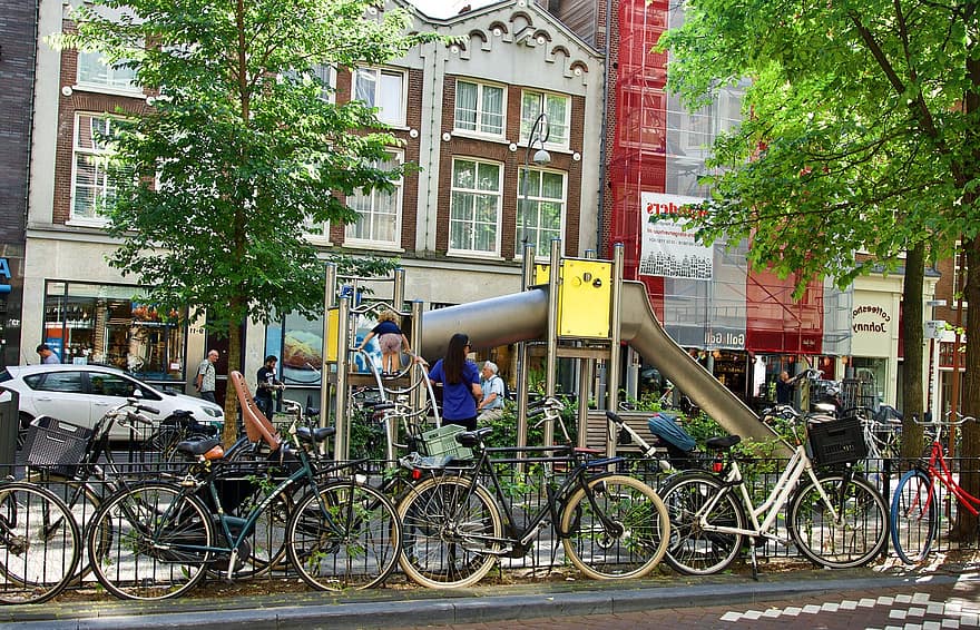 Amsterdam, Miasto, ulica, rowery, plac zabaw, Budynki, na dworze, miejski
