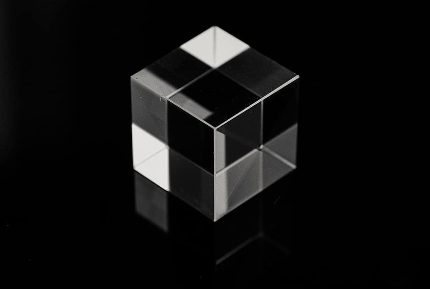 kubus, prisma, kaca, refleksi, objek tunggal, merapatkan, latar belakang, abstrak, berkilau, transparan, kristal