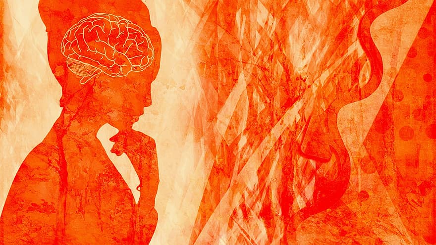 mulher, cérebro, laranja, perfil, cabeça, chama, ansiedade, saúde mental, mente, meditar, pensar