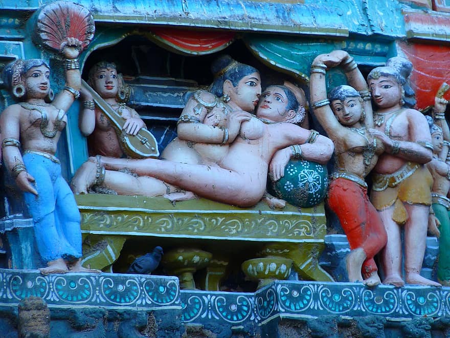 Tempelfiguren, Tempel, bunt, vishnu, Kumbakonam, Indien, Kamasutra, Liebe