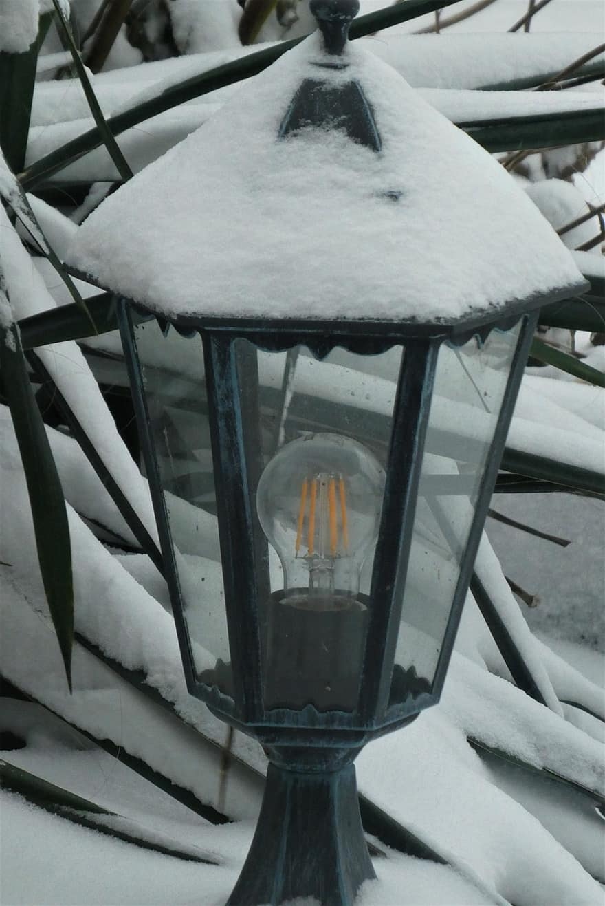 sníh, lucerna, zimní, osvětlení, světlo, elektrická lampa, osvětlovací zařízení, led, mráz, sezóna, svítí