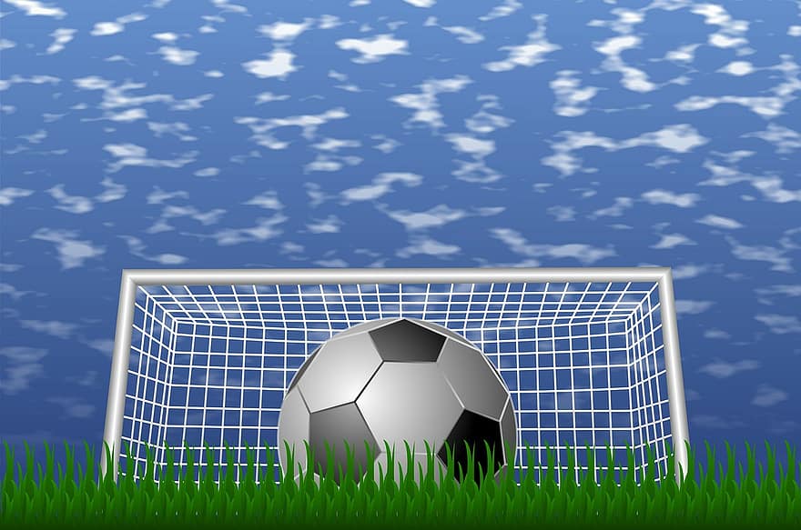 fotbalová branka, fotbal, sport, cíl, míč, tráva, objektivní, pohár, nebe, mraky, modrá tráva