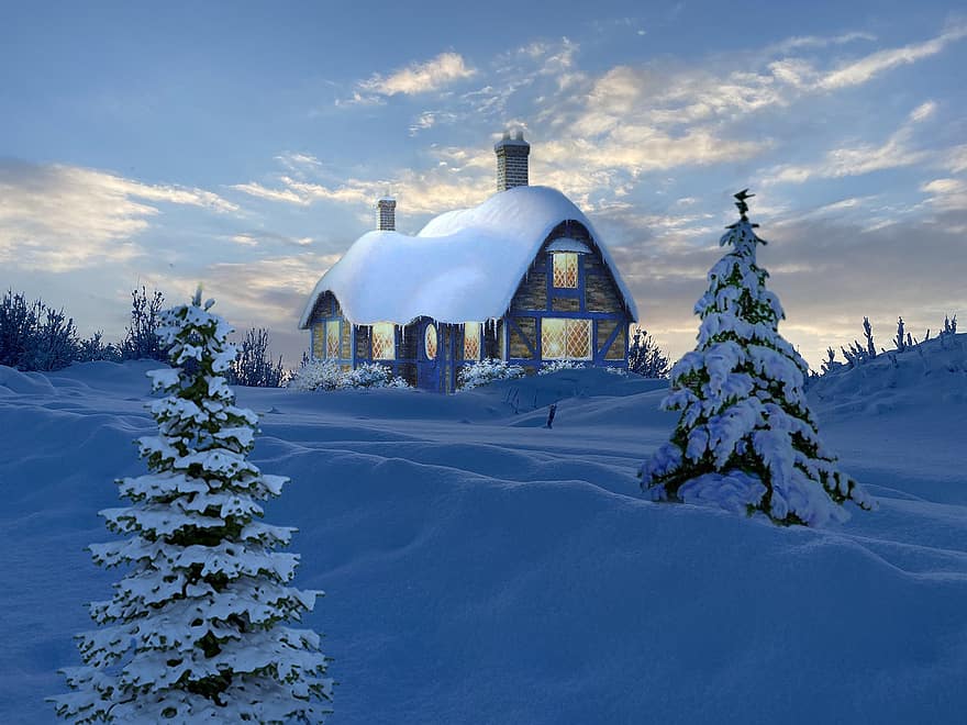 sniegas, namas, medžiai, miškai, žiemą, fantazija