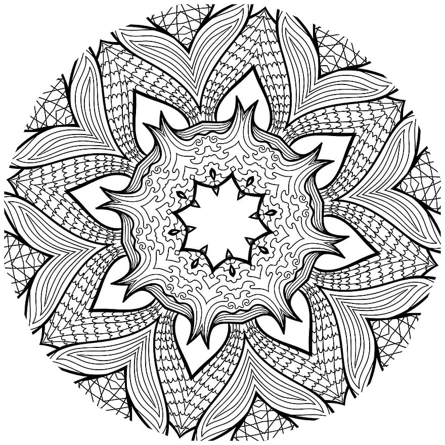 mandala, line art, sort og hvid, mønster