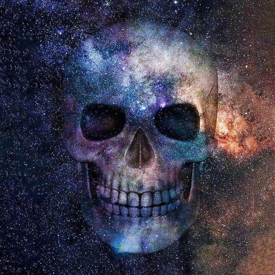 spaţiu, stele, craniu, os, moarte, schelet, cap, cosmos, univers, galaxie