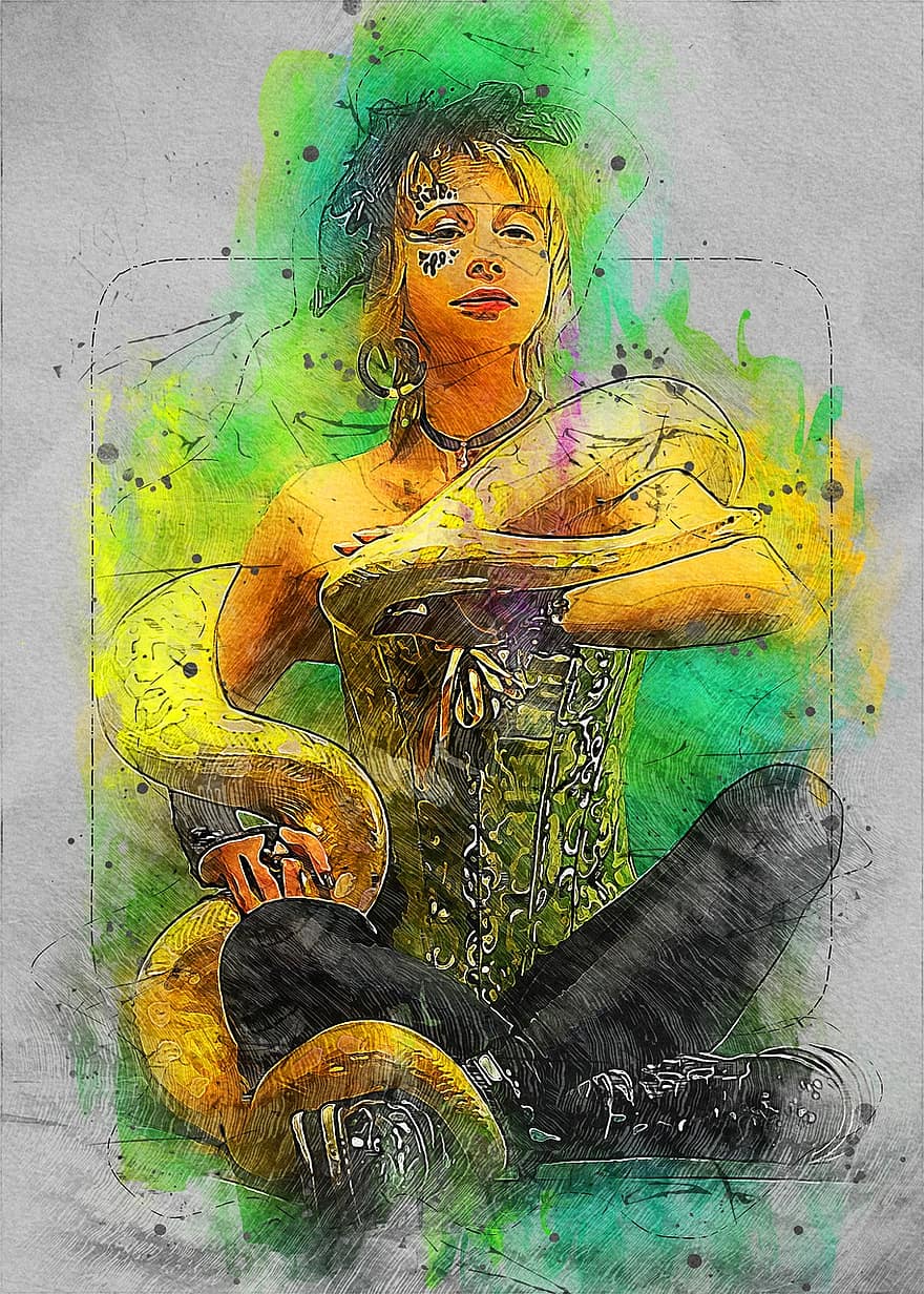 женщина, женский пол, портрет, мода, змея, животное, создает, модель, произведение искусства, Рисование, иллюстрация
