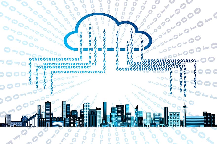 nuage, Mémoire, support de stockage, Maison intelligente, ville, l'horizon, utilisateurs, La technologie, l'Internet, lien, Cloud computing