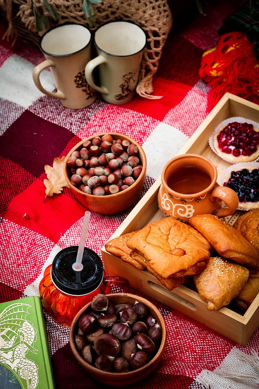 пикник, храна, лека закуска, сладкиши, хляб, ядки, кифлички, кошница, шотландски кариран плат