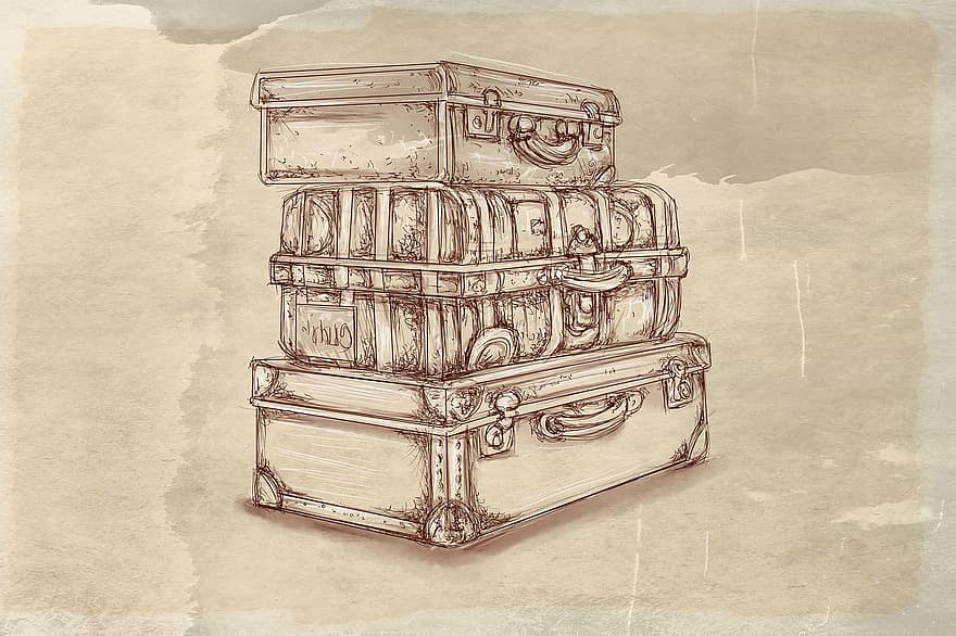 valize, epocă, desen, bagaje, teanc, grămadă, retro, vechi