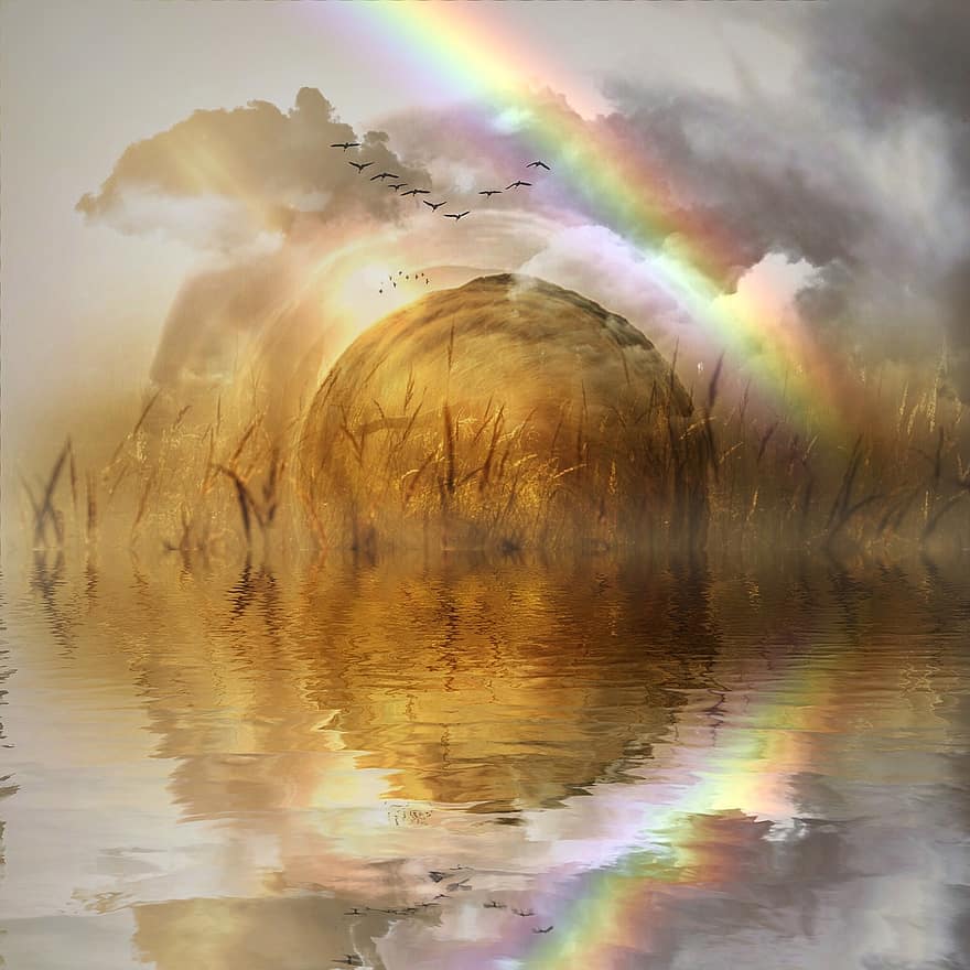 Rainbow, Water, Landscape, Sparkle, Nature, Color, Sky, Weather, Pond, Wild, Clouds