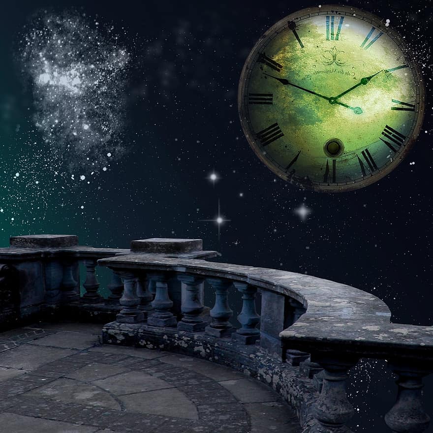 czas, przestrzeń, balkon, tło, Fantazja, gwiazdy, księżyc, kamień