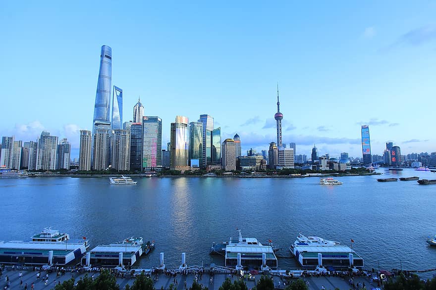 by, reise, turisme, bygninger, Urban, shanghai, bund, skyskraper, bybildet, urban skyline, berømt sted