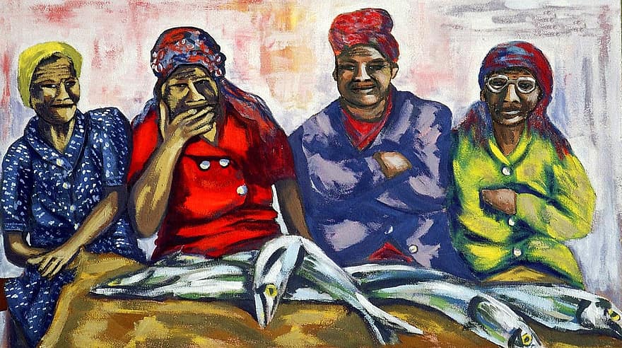 lukisan akrilik, Wanita Penjual Ikan, kreatif, penuh warna