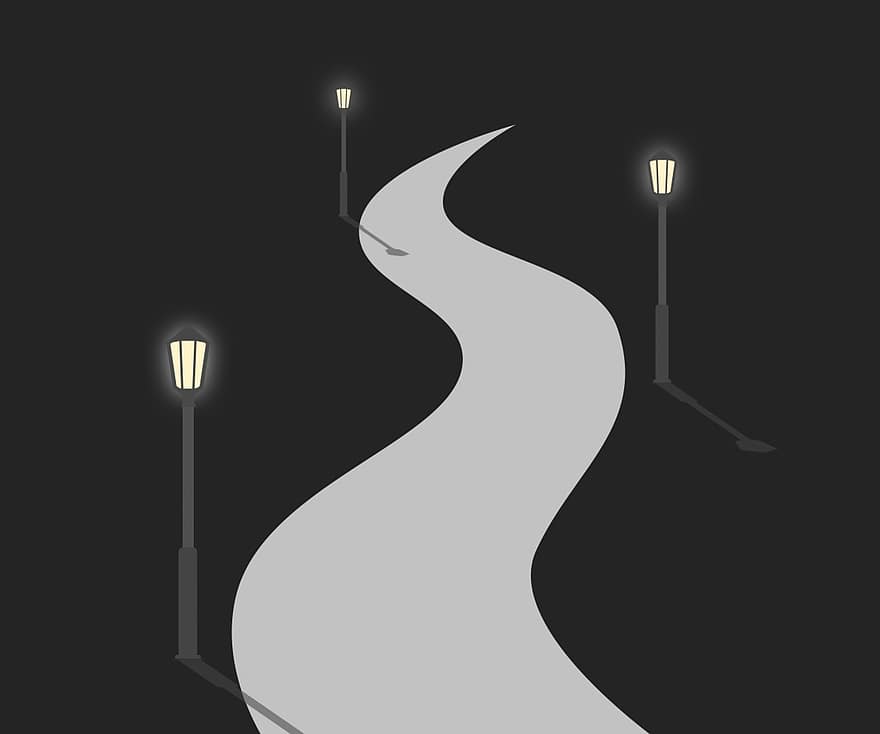 Droga, ulica, pas ruchu, sposób, trasa, ścieżka, noc, tor, lampa uliczna
