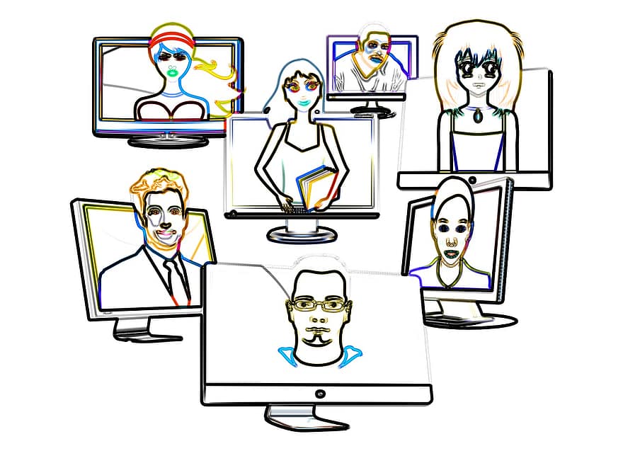 Monitor, calculator, ecran, siluete, web, săgeată, grup, lucru de grup, împreună, coeziune, lucru in echipa