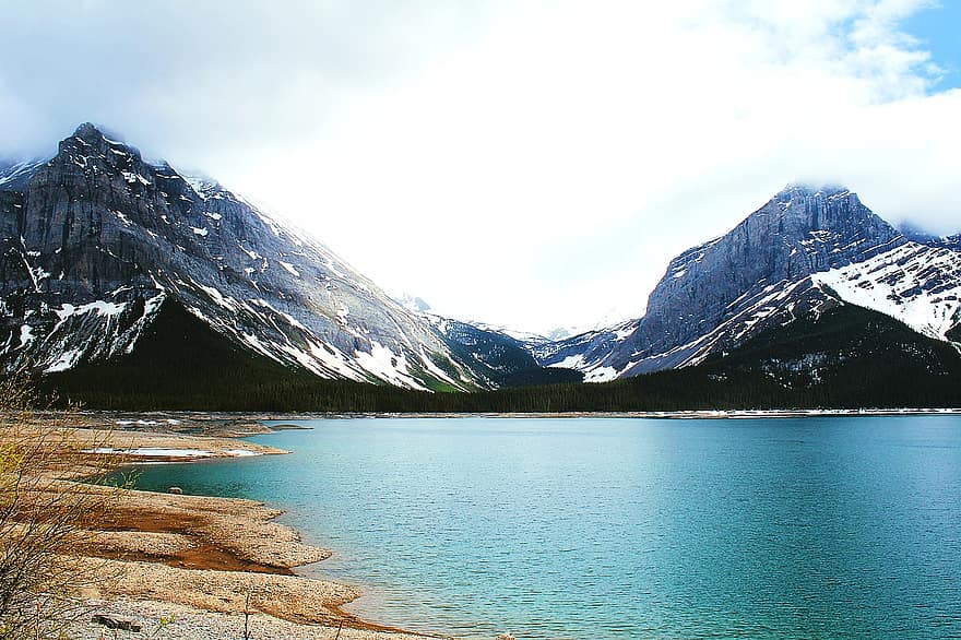 felső kananaskis-tó, tó, hegyek, Kananaskisban, Alberta, Kanada, természet, téli, hó, Látvány, hegyi tó