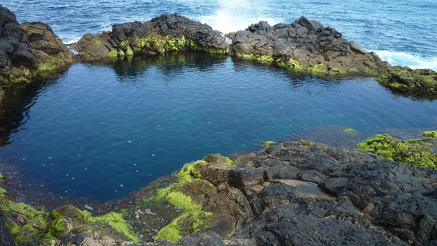 Мадейра, крайбрежие, вода, син, пейзаж, брегова линия, рок, лято, стръмна скала, пътуване, зелен цвят