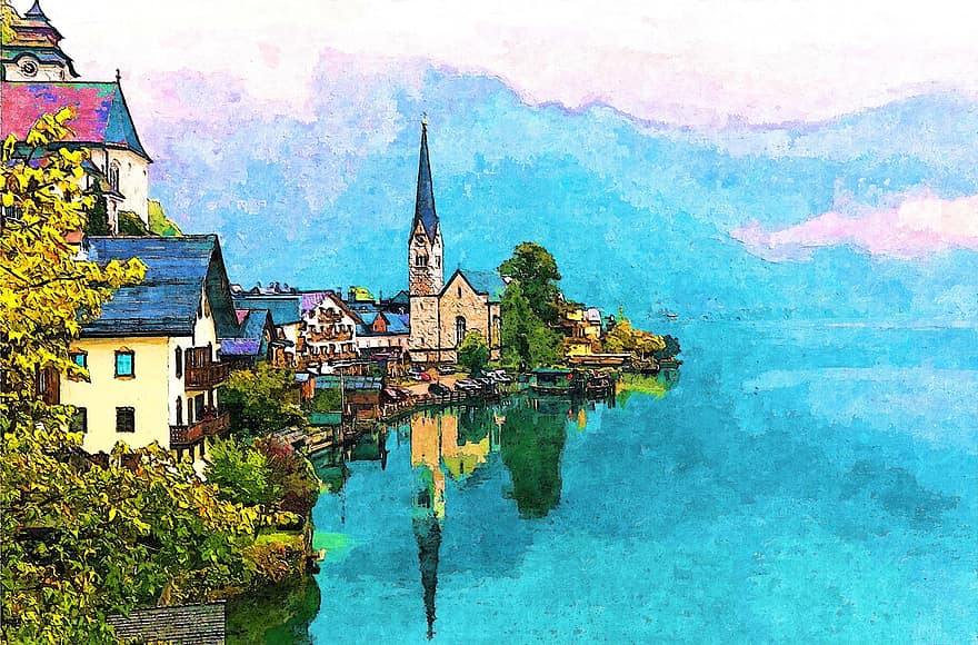 Landscape, Scenery, Scenic, View, Hallstatt, Mountain, Water, Reflection, Old, Vintage, Classic