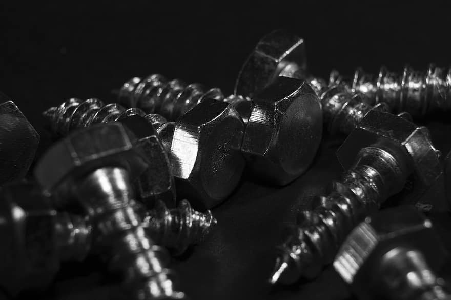 Screw, Metal, Collection, Monochrome, wrench, steel, equipment, work tool, construction industry, close-up, industry