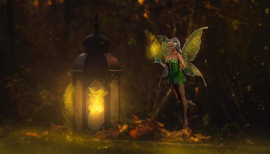 fantazie, Elf, lucerna, světlo, mýtické bytosti, ženský, pohádka, les, nálada, magie, fotomontáž