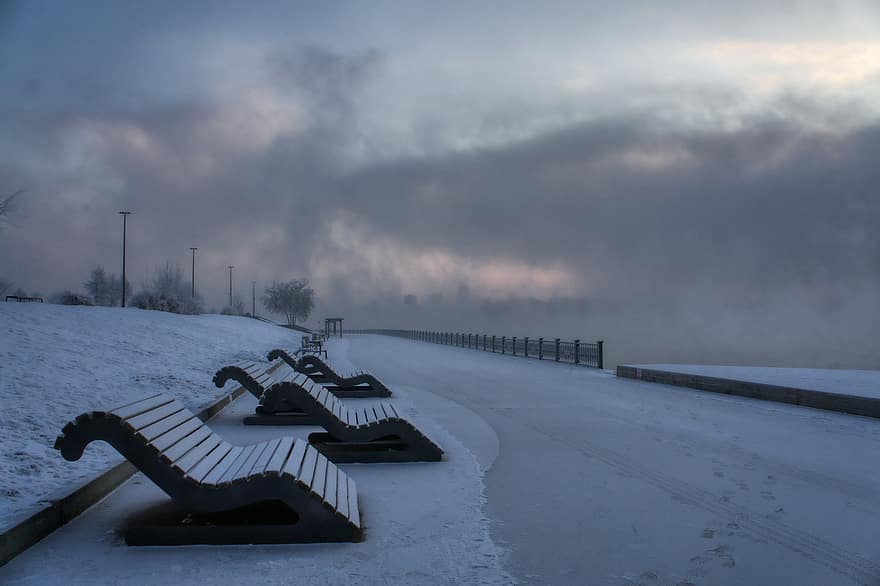 dijk, dageraad, winter, landschap, sneeuw, koude, Krasnoyarsk, rivier-, stad, Rusland, Siberië