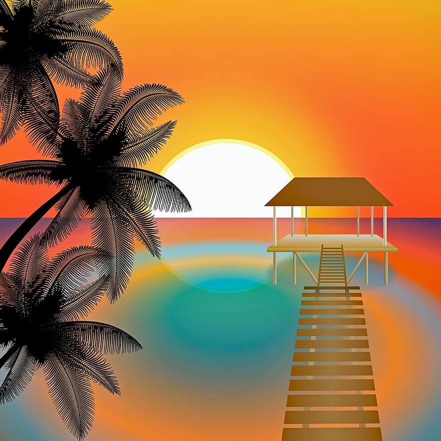 zachód słońca na plaży, plaża, Palma, ocean, drzewo palmowe, molo, zachód słońca, morze, woda, niebo, lato