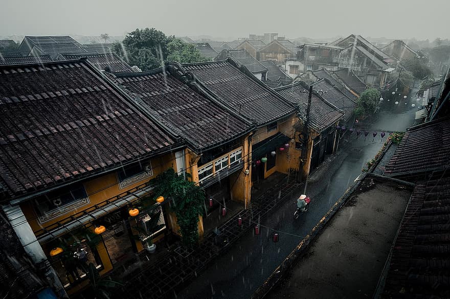 Buildings, Houses, Street, City, Rain, Storm, Weather