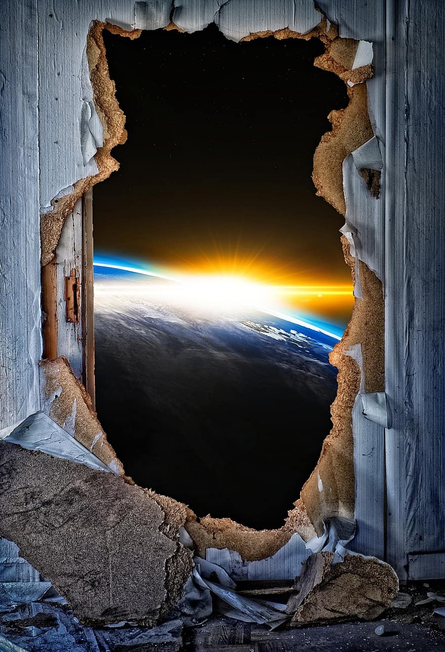 врата, пробив, Door Sunburst, земя, слънце, нереален, пространство, вселена, планета, хармония, живея