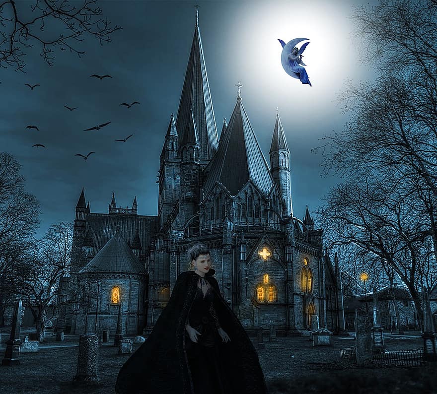 zamek, czarownica, księżyc, Fantazja, tło, noc, halloween, straszny, przerażenie, religia, ciemny