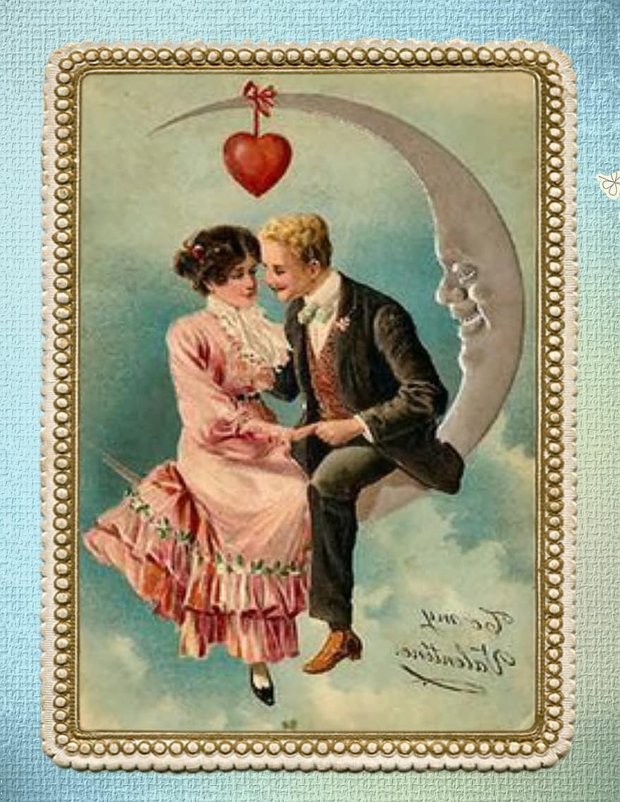 Sant Valentí, dia de Sant Valentí, parella, lluna, targeta, ornamentat, vintage, marc, or, decoració, romàntic