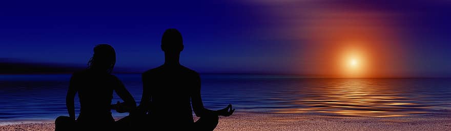 瞑想、女性、シルエット、ビーチ、海、太陽、バナー、ヘッダ、日没、水、波