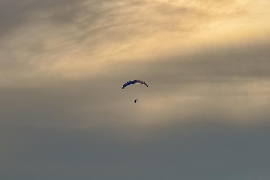 paragliding, zachód słońca, chmury, niebo, przygoda, latający, dom, Sporty ekstremalne, sport, spadochron, mężczyźni