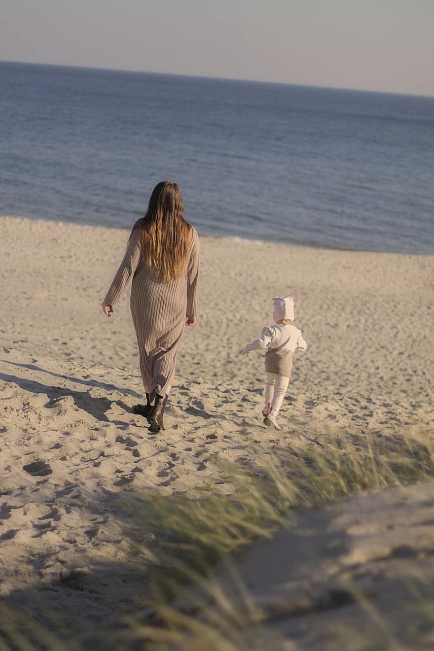 mātes, bērns, pludmale, atpūtai, brīvdienas, ārā, mamma, meita, Mātes diena, staigāt