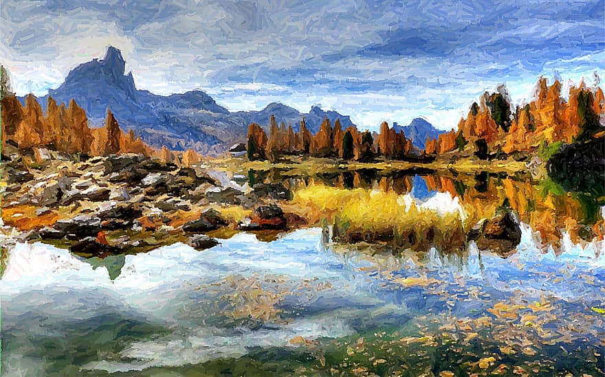 картина, природа, Изобразительное искусство, Альпы, доломиты, горы, пруд, деревья, Рисование, осень, гора