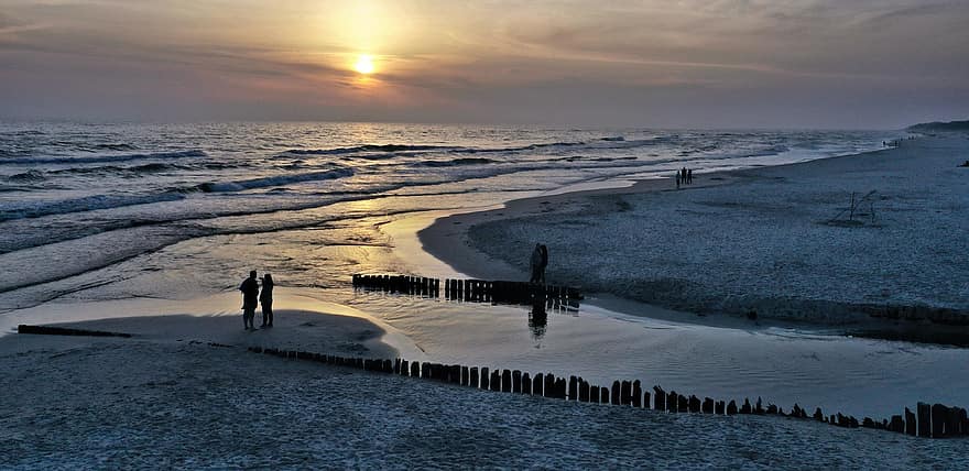 puesta de sol, playa, mar, arena, Oceano, Polonia, el mar báltico, jastrzębia góra, olas, costa, gente