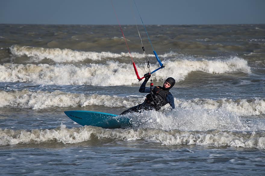 kitesurfing, kiteboarding, kitesurfer, vodní sport, Severní moře, kiteboarder, moře, extrémní sporty, sport, muži, vlna