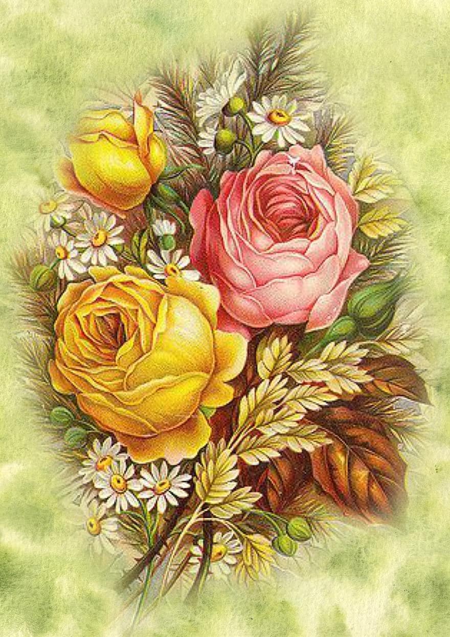 Blumen-, Jahrgang, Design, Rosen, Pflanze, Natur, Blume, Vintage Blumen, Dekoration, dekorativ, aufwendig