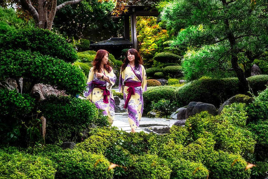 Giappone, giardino, giardino giapponese, donne, tradizionale, Fujisan, natura, conversazione, discussione