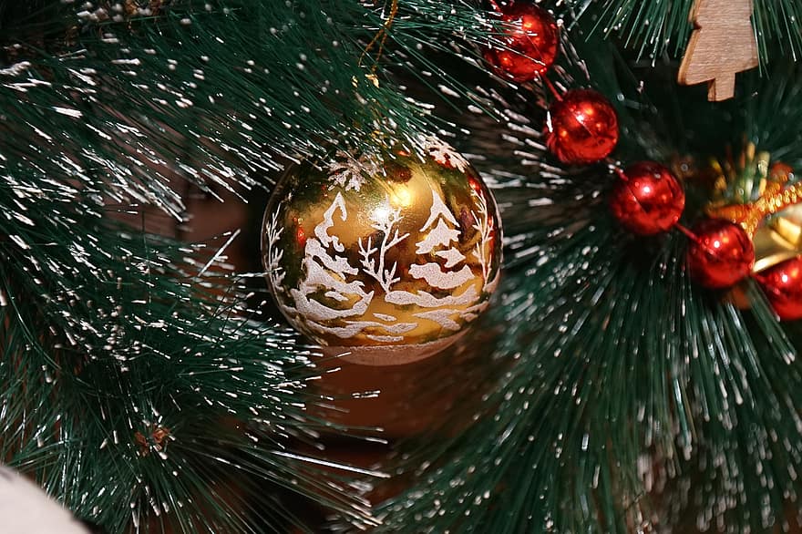 winter, decoraties, kerstboom, bal, groen, rood, viering