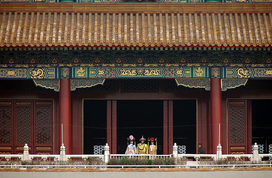 balcon, empereur, drapeau, Chine, beijing, récit, décoration, architecture, des cultures, culture chinoise, religion
