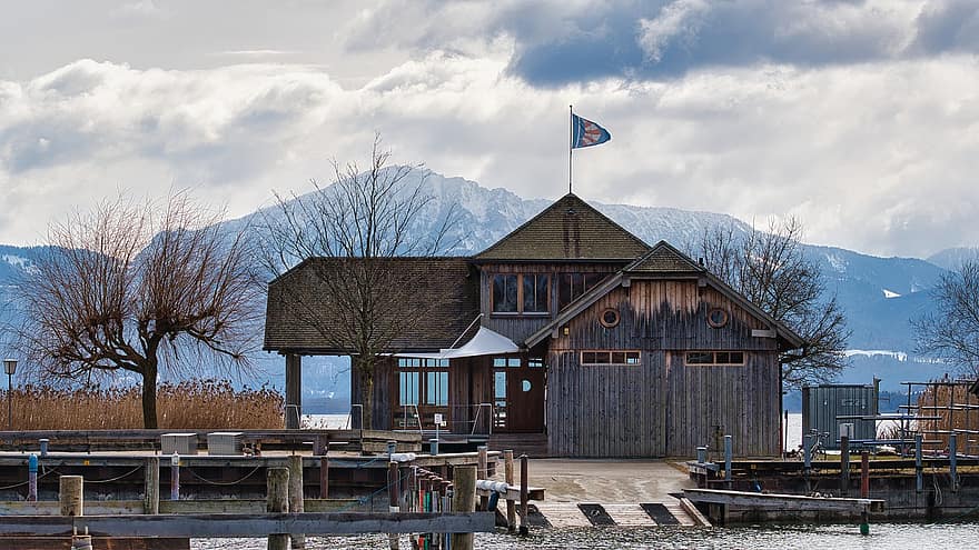 Boathouse, Bank, Lake, Mountains, House, Shelter, Building, Cloudy, Mood, Chiemgau, Chiemsee