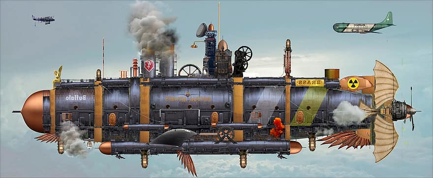 dirigible, Steampunk, Atompunk, Dieselpunk, fantasía, aeronave, aviación, zepelín, cielo, nubes, volador