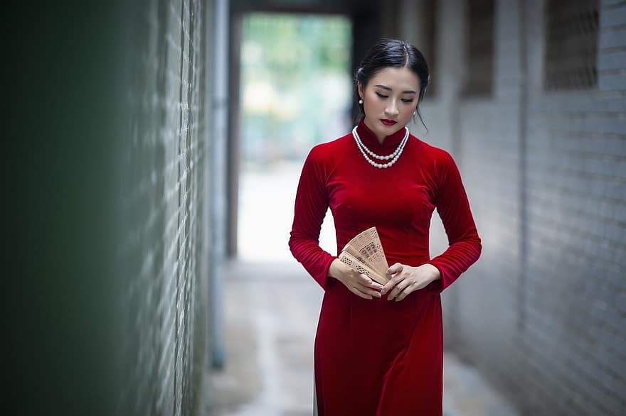 ao dai, moda, mulher, vietnamita, Red Ao Dai, Vestido Nacional do Vietnã, ventilador de mão, tradicional, vestir, estilo, beleza