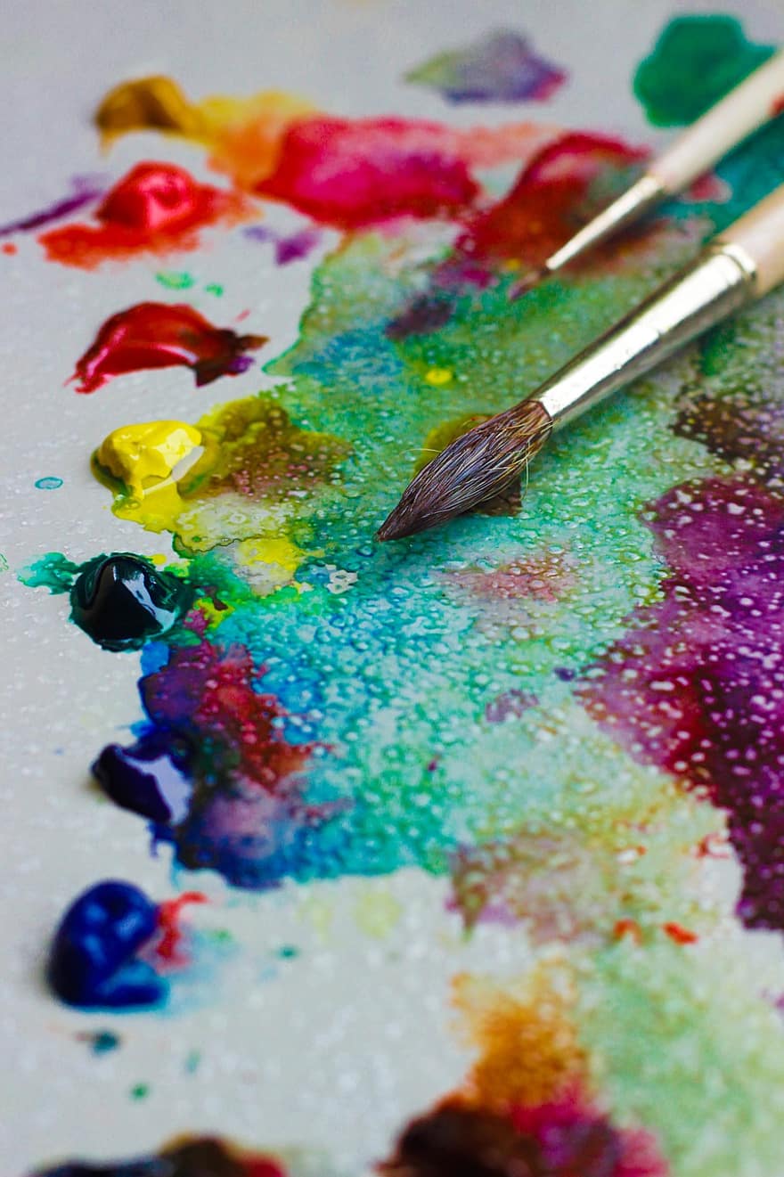 水彩、絵筆、パレット、キャンバス、ペイント、カラフル、みがきます、創造性、ペインティング、趣味、しぶき