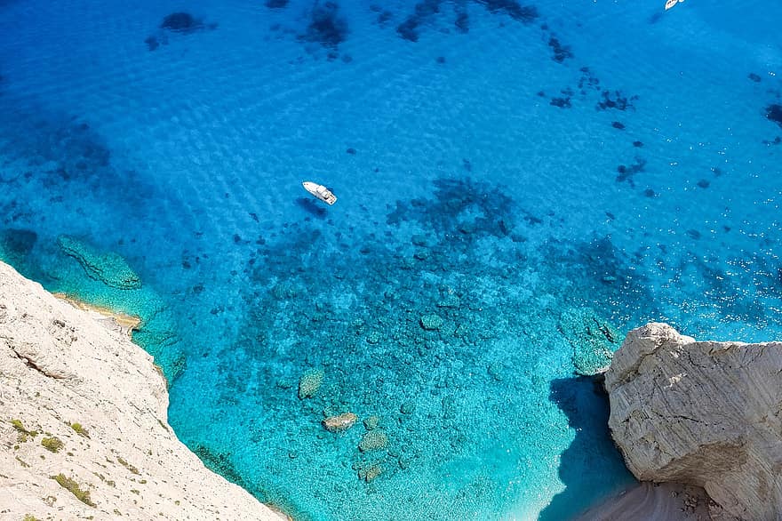 baía, mar, oceano, rochas, barco, costa, agua, Grécia