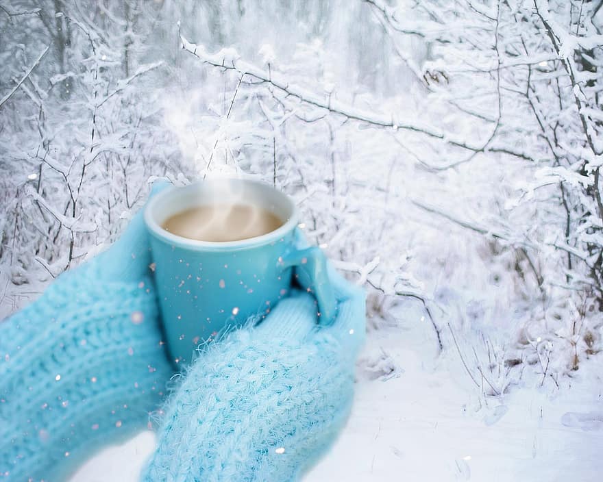 снег, снежно, горячий кофе, кофе, холодно, зима, время года, перчатки, вода, Декабрь, уютный
